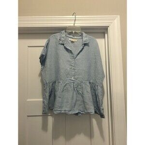 Cynthia Rowley Blue Linen Top Sz Large Short Sleeve Ruffle Peplum Henley Collar